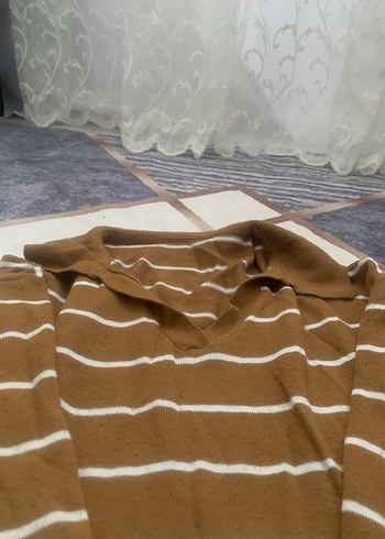 Çizgili Kahverengi Kadın Triko Kazak - Görsel 3