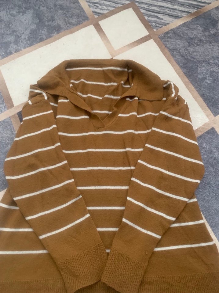 Çizgili Kahverengi Kadın Triko Kazak - Görsel 2