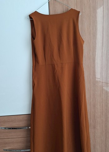 xl Beden kahverengi Renk Düğmeli V Yakalı Kahverengi Uzun Elbise