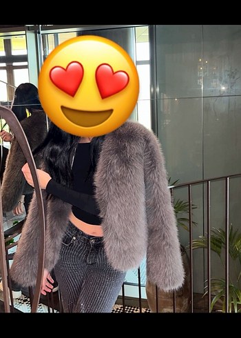 Gri Uzun Kollu Suni Kürk Ceket - Görsel 2