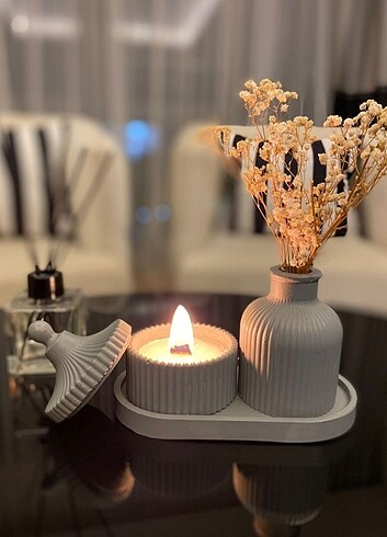 Dekoratif Pampas Vazo Ve Mum Set 