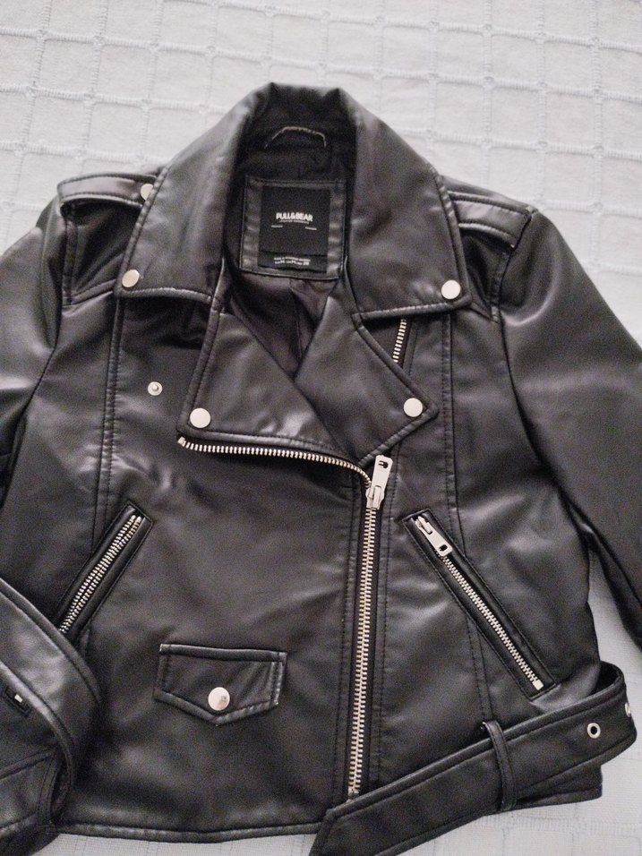 Kadın Siyah Deri Biker Ceket - Görsel 2