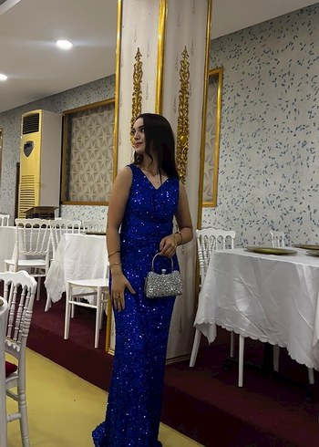 Parlak Mavi Payetli Uzun Abiye Elbise - Görsel 3