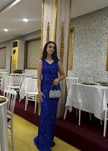 Parlak Mavi Payetli Uzun Abiye Elbise - Görsel 2
