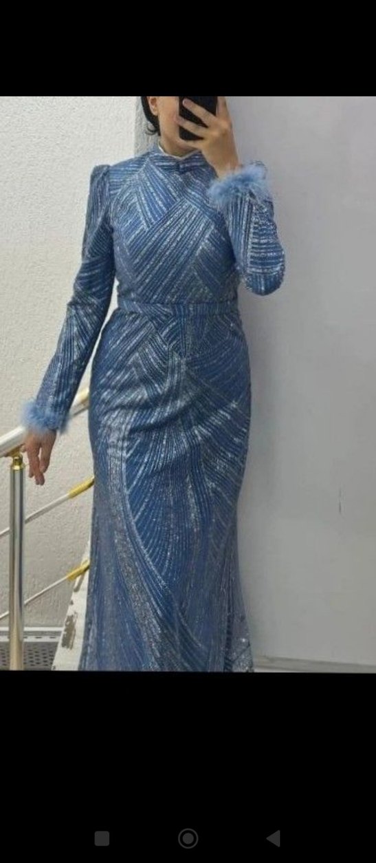 Mavi Drapeli Uzun Abiye Elbise - Görsel 2