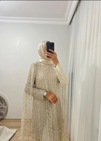 Bej Nakışlı Uzun Bohem Abiye