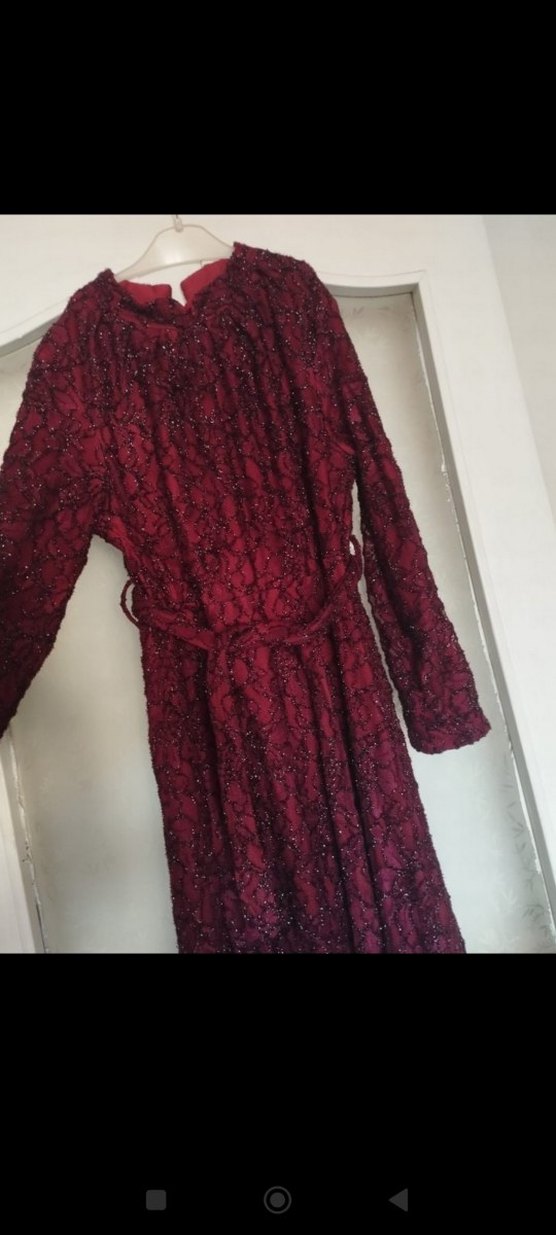 Bordo Dantel İşlemeli Uzun Kollu Bohem Elbise - Görsel 2