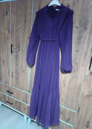 Mor Piliseli Uzun Kadın Elbise - Görsel 4