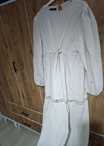 Uzun Kollu Keten Beyaz Salaş Elbise - Görsel 2