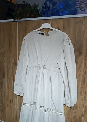 Uzun Kollu Keten Beyaz Salaş Elbise - Görsel 5