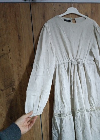 Uzun Kollu Keten Beyaz Salaş Elbise - Görsel 4