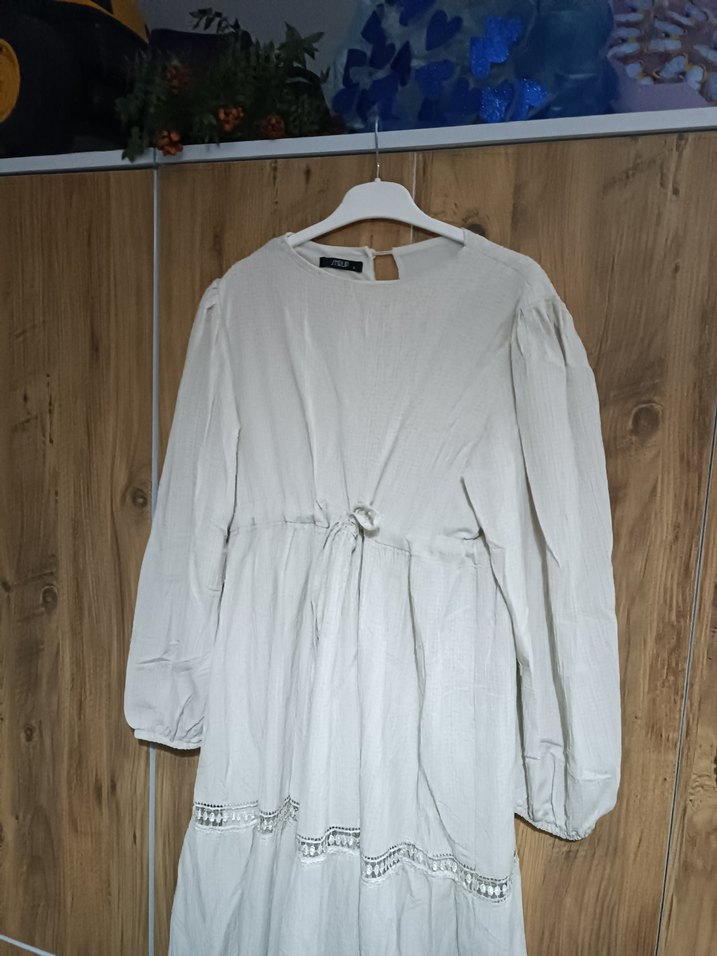 Uzun Kollu Keten Beyaz Salaş Elbise - Görsel 5