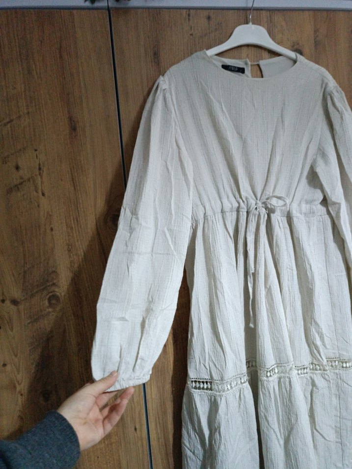 Uzun Kollu Keten Beyaz Salaş Elbise - Görsel 4