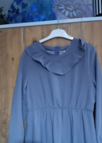 Gri Uzun Kollu Volanlı Uzun Elbise - Görsel 3