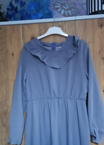 Gri Uzun Kollu Volanlı Uzun Elbise - Görsel 4