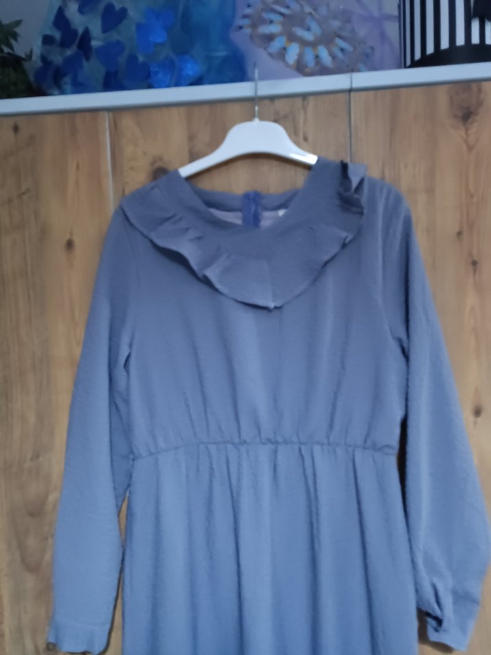 Gri Uzun Kollu Volanlı Uzun Elbise - Görsel 4