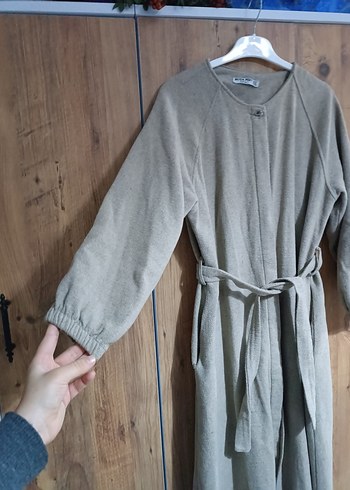 Bej Uzun Hamile Kabanı, Düğmeli, Rahat Kesim - Görsel 6