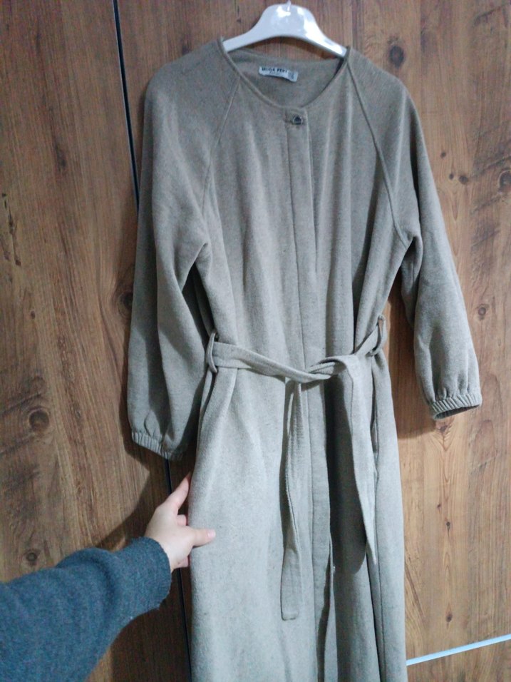 Bej Uzun Hamile Kabanı, Düğmeli, Rahat Kesim - Görsel 5