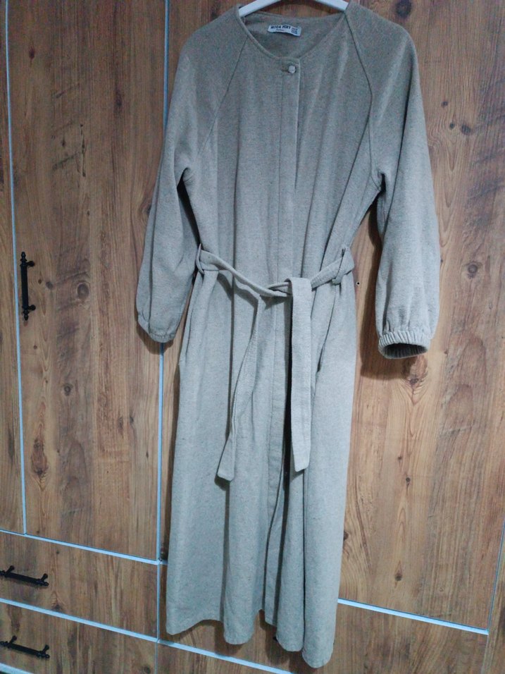 Bej Uzun Hamile Kabanı, Düğmeli, Rahat Kesim - Görsel 2