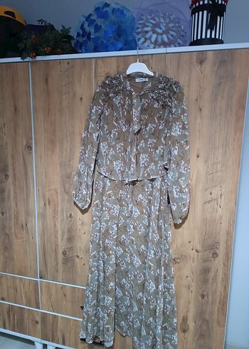 Bej Uzun Kollu Bohem Kuşaklı Elbise - Görsel 2