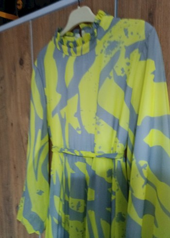 Sarı Gri Bağlama Desenli Uzun Elbise - Görsel 6