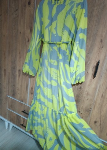 Sarı Gri Bağlama Desenli Uzun Elbise - Görsel 5