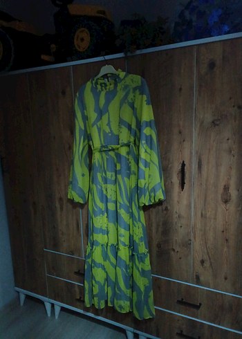 Sarı Gri Bağlama Desenli Uzun Elbise - Görsel 7