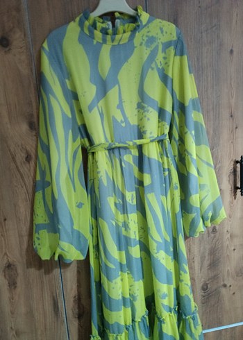 Sarı Gri Bağlama Desenli Uzun Elbise - Görsel 8