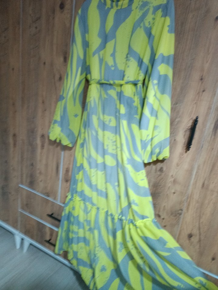 Sarı Gri Bağlama Desenli Uzun Elbise - Görsel 5