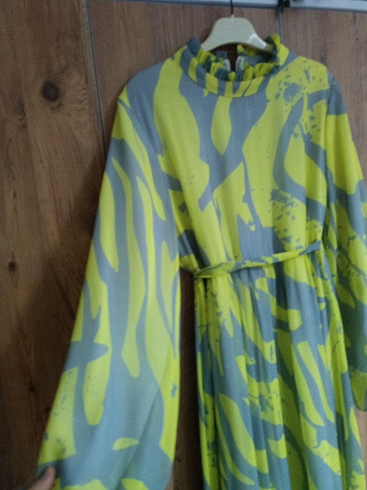 Sarı Gri Bağlama Desenli Uzun Elbise - Görsel 4