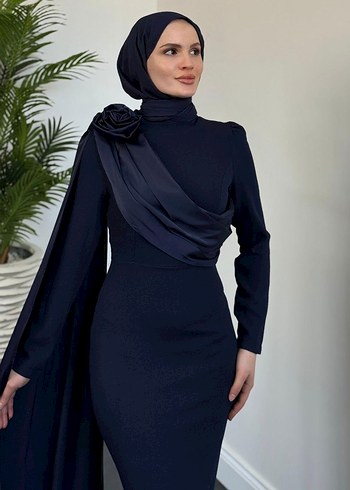 Lacivert Drapeli Uzun Abiye Elbise - Görsel 2