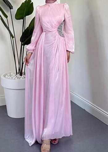 Pembe Drapeli Uzun Kollu Abiye Elbise - Görsel 2