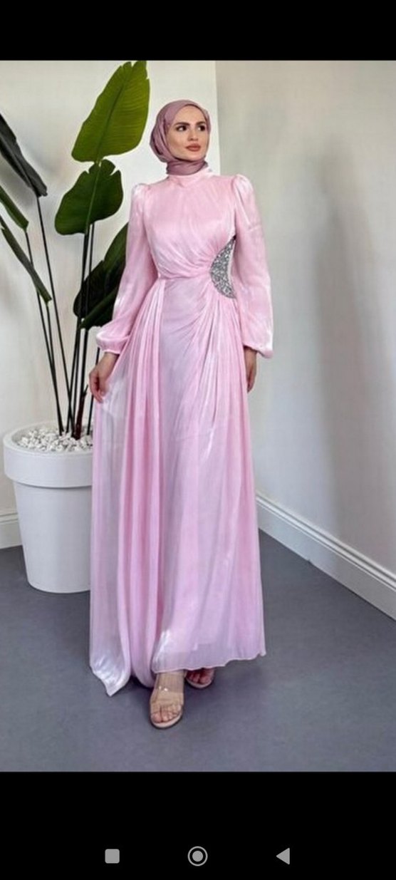 Pembe Drapeli Uzun Kollu Abiye Elbise - Görsel 2