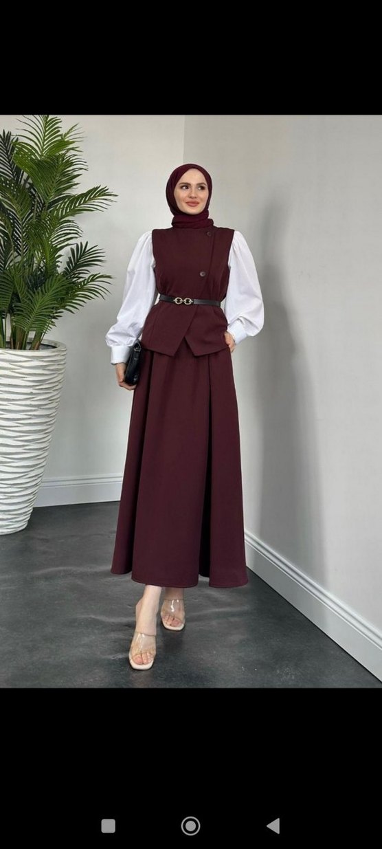 Bordo Kemerli Uzun Kadın Takım Elbise - Görsel 2