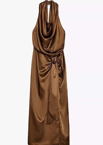 Zara Camel Renkli Drapeli Uzun Abiye Elbise