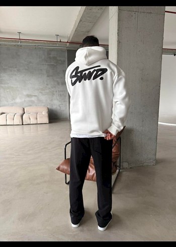 Beyaz Kapüşonlu Fermuarlı Erkek Sweatshirt - Görsel 3