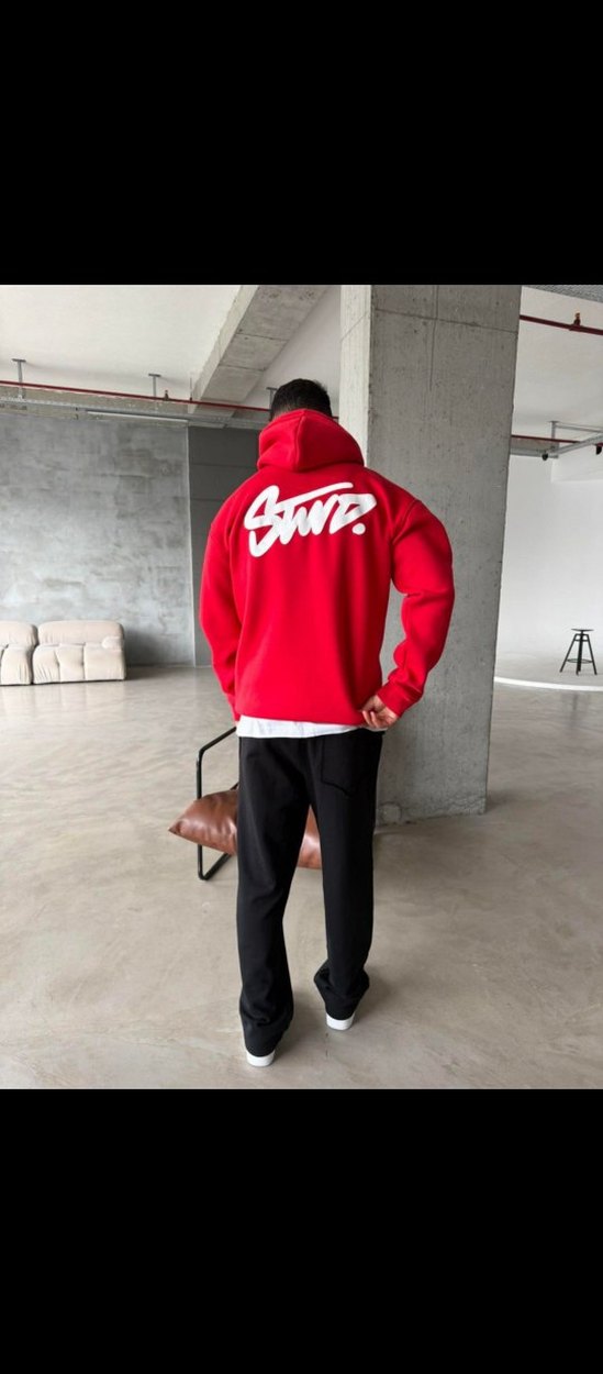 Kırmızı Kapüşonlu Erkek Sweatshirt - Görsel 3