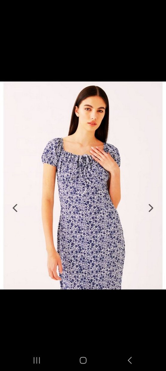 Lacivert çiçekli yırtmaçlı elbise - Görsel 3