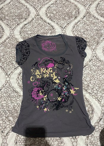 m Beden gri Renk Dantel Detaylı Gri Rock Punk tişört