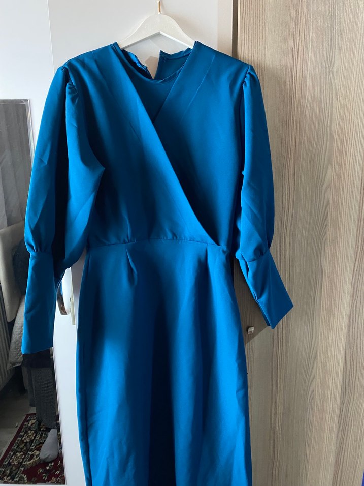 Uzun Kollu V Yaka Mavi Drapeli Elbise - Görsel 2