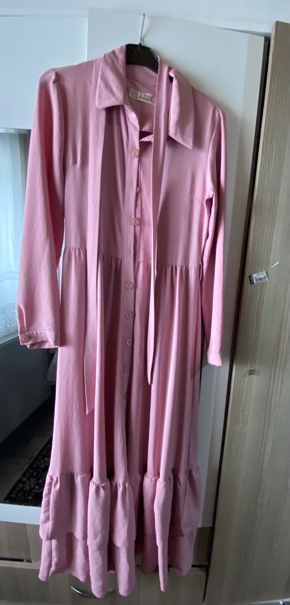 Pembe Pilili Uzun Kollu Uzun Elbise - Görsel 3