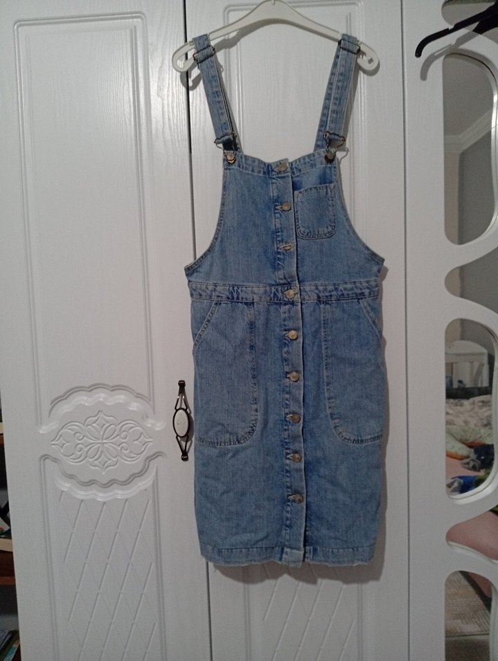 Mavi Düğmeli Kadın Kot Salopet - Görsel 2