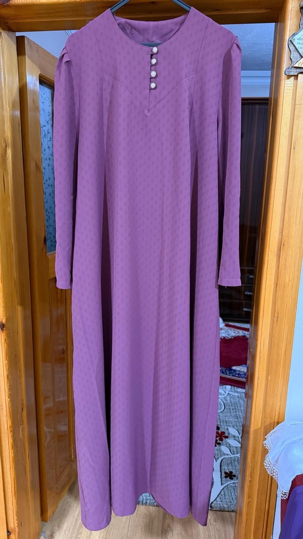 Uzun Kollu Mor Piliseli Kadın Elbise 56 beden - Görsel 2