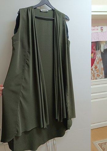 Kadın Haki Uzun Drapeli Kolsuz Yelek - Görsel 3