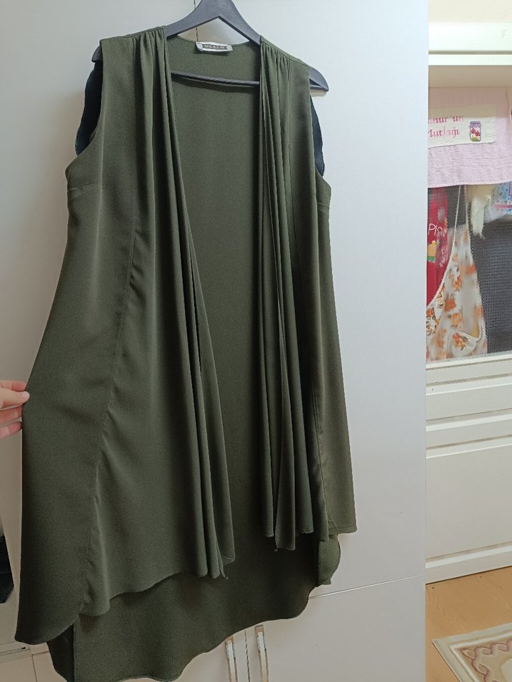 Kadın Haki Uzun Drapeli Kolsuz Yelek - Görsel 3