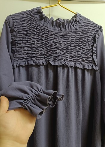 Gri Uzun Kollu Fırfırlı Keten Elbise - Görsel 2