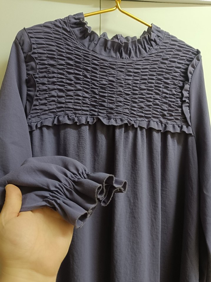 Gri Uzun Kollu Fırfırlı Keten Elbise - Görsel 2