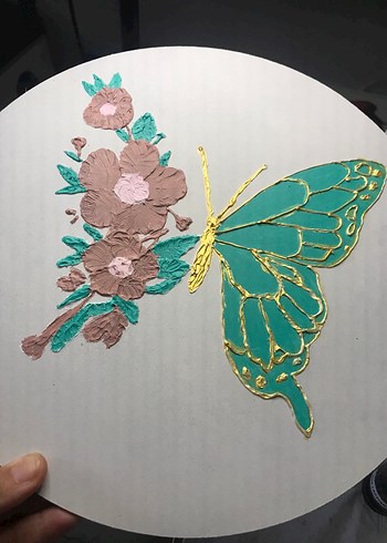 Yeşil Kelebek ve Çiçek Pastel Tablo