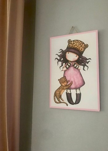 Pembe Çerçeveli Pastel Kız ve Leopar Tablosu