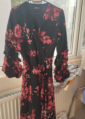 Bordo Çiçekli Uzun Kollu Bohem Kadın Elbise - Görsel 3